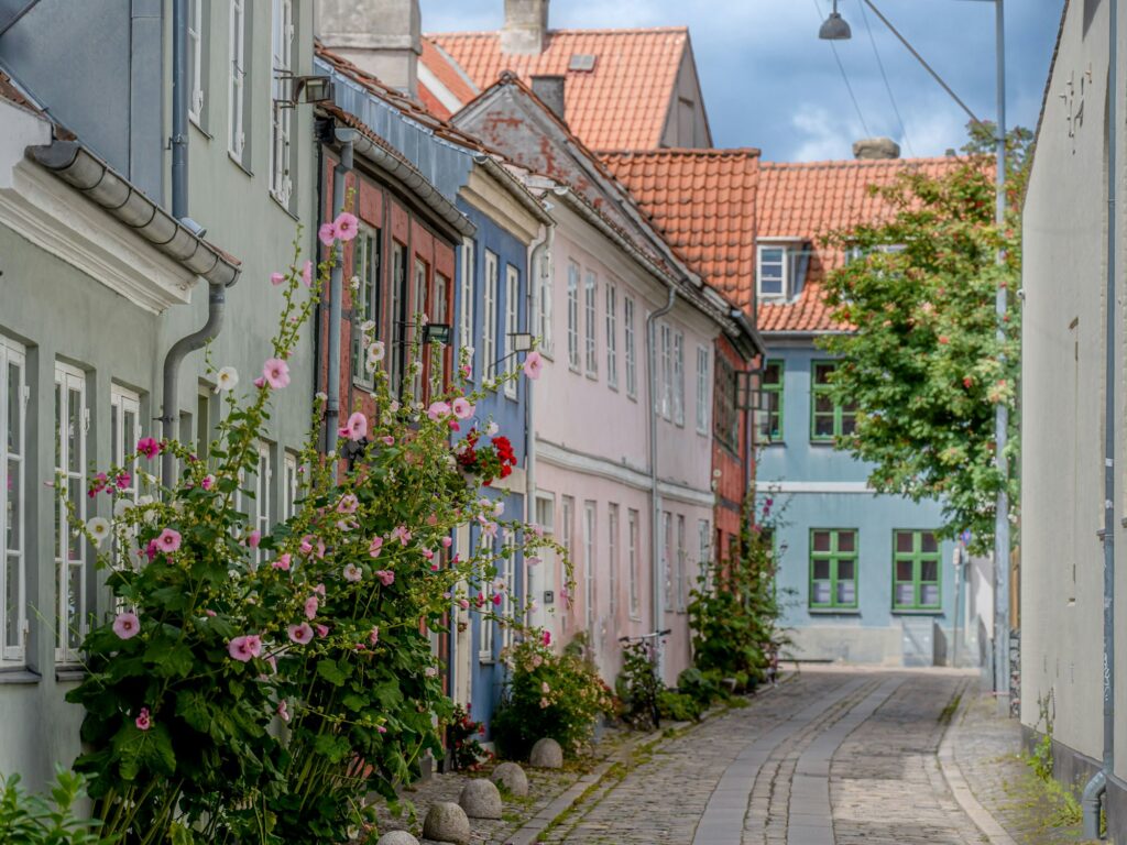 Tiled street with colorful buildings in Helsingor, Denmark